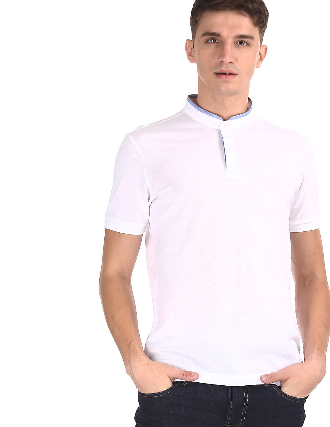Buy Arrow Sports White Concealed Placket Mandarin Collar Polo Shirt ...