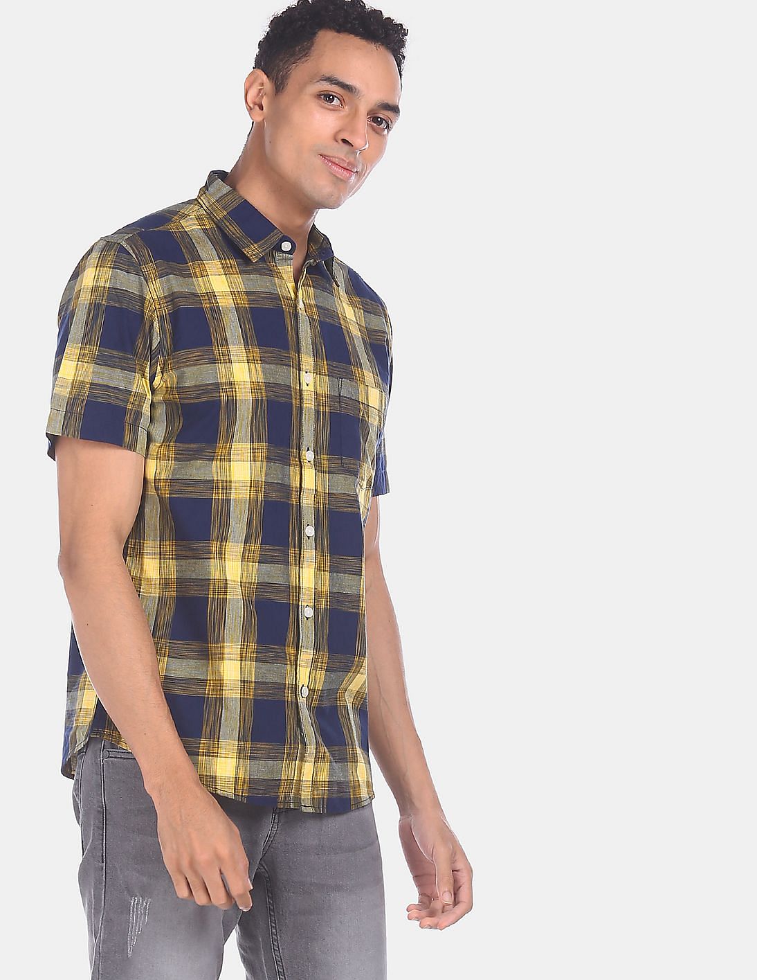 Buy Ruggers Men Navy And Yellow Checked Short Sleeve Casual Shirt ...