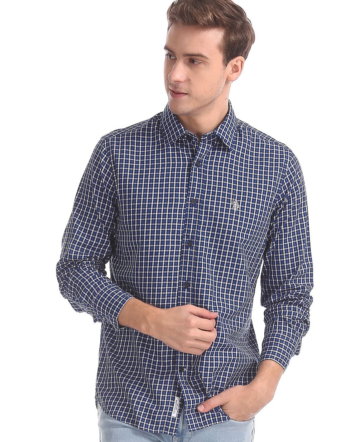 Buy Men Blue Spread Collar Check Shirt online at NNNOW.com