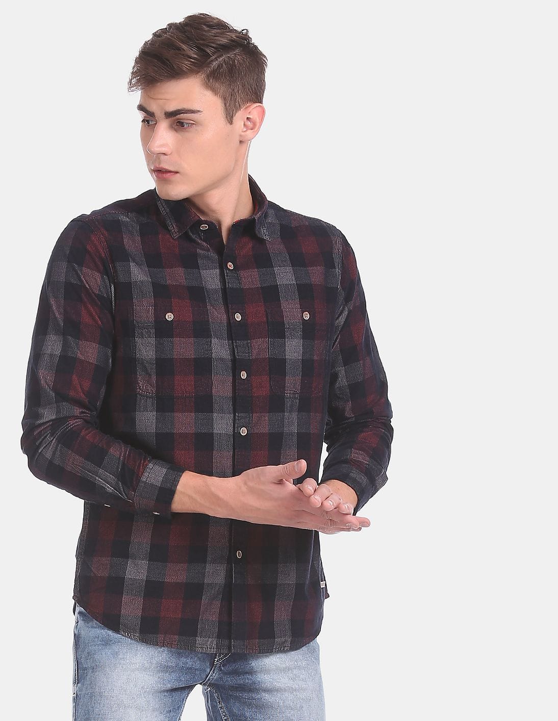 Black Spread Collar Check Casual Shirt 