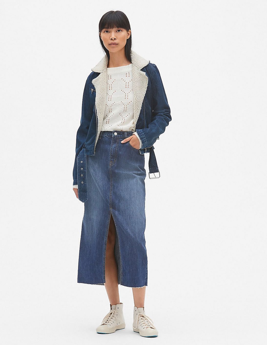 gap high rise denim midi skirt