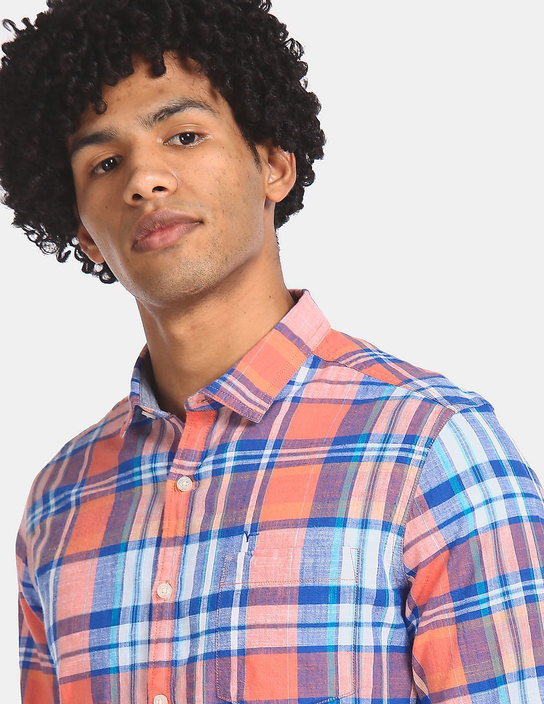 blue orange check shirt