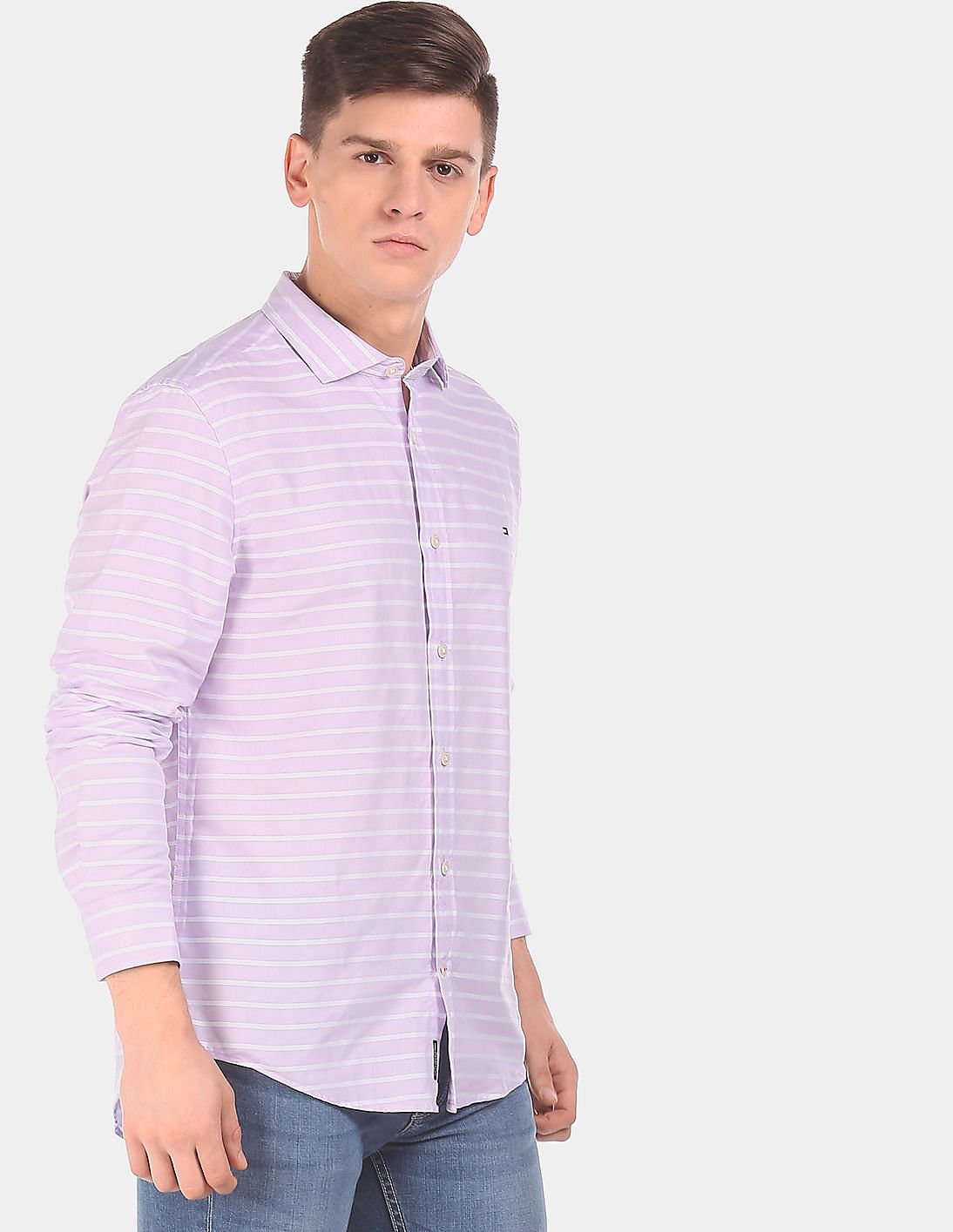Buy Tommy Hilfiger Men Lavender Cotton Long Sleeve Striped Shirt ...
