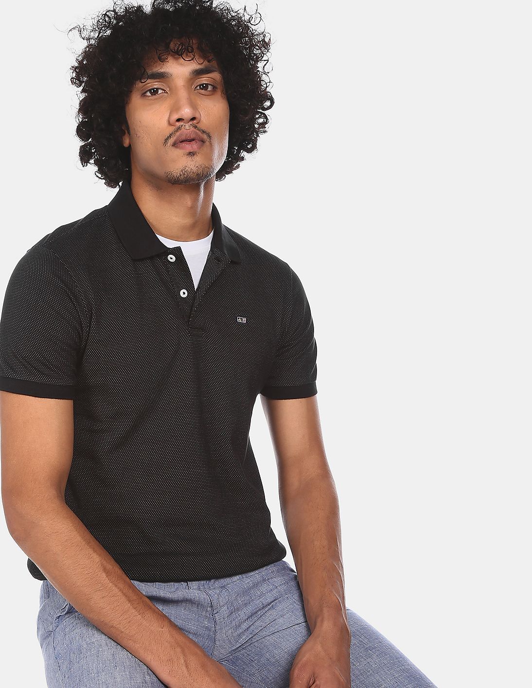 Buy Arrow Sports Men Black Patterned Knit Polo Shirt