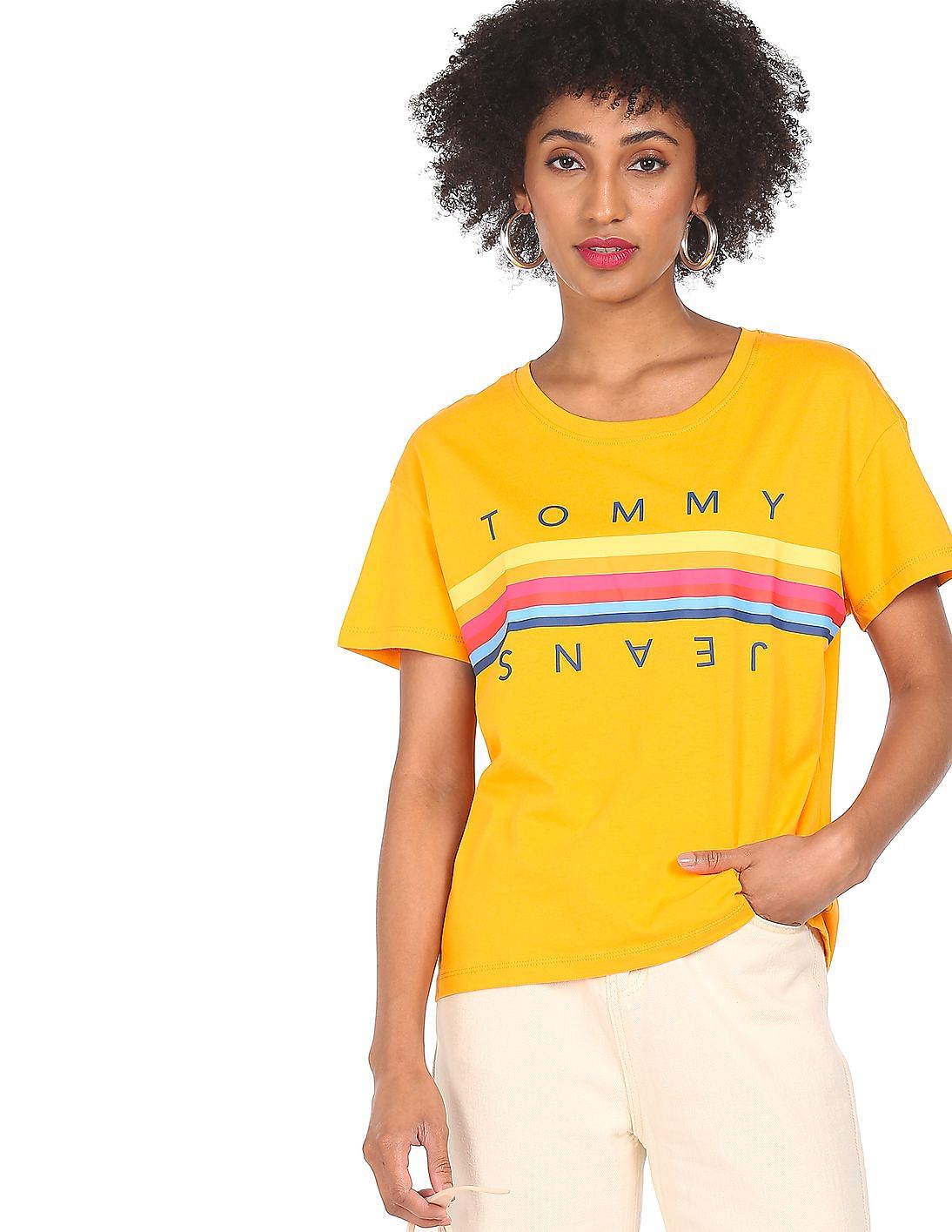 Pounding mens banan Buy Tommy Hilfiger Women Yellow Crew Neck Brand Print T-Shirt - NNNOW.com