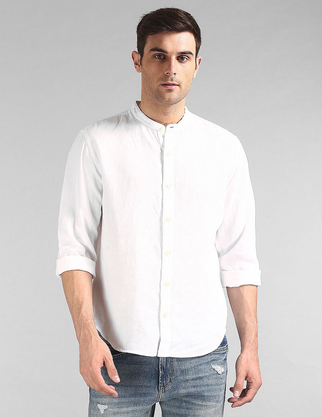 Buy GAP Men White Linen Band Collar Shirt - NNNOW.com