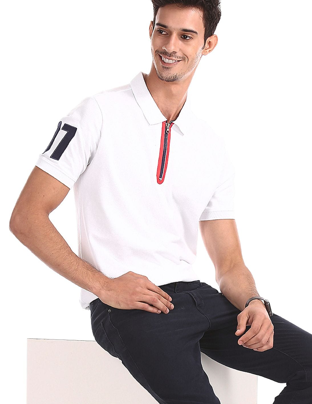 white polo with zip