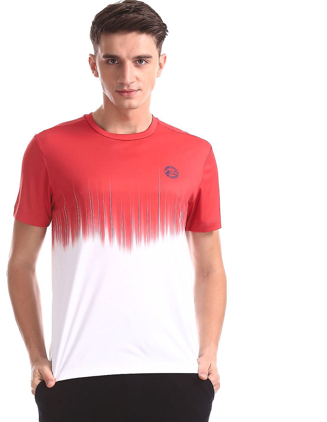 Buy Men Red And White Colour Blocked Active T-Shirt online at NNNOW.com