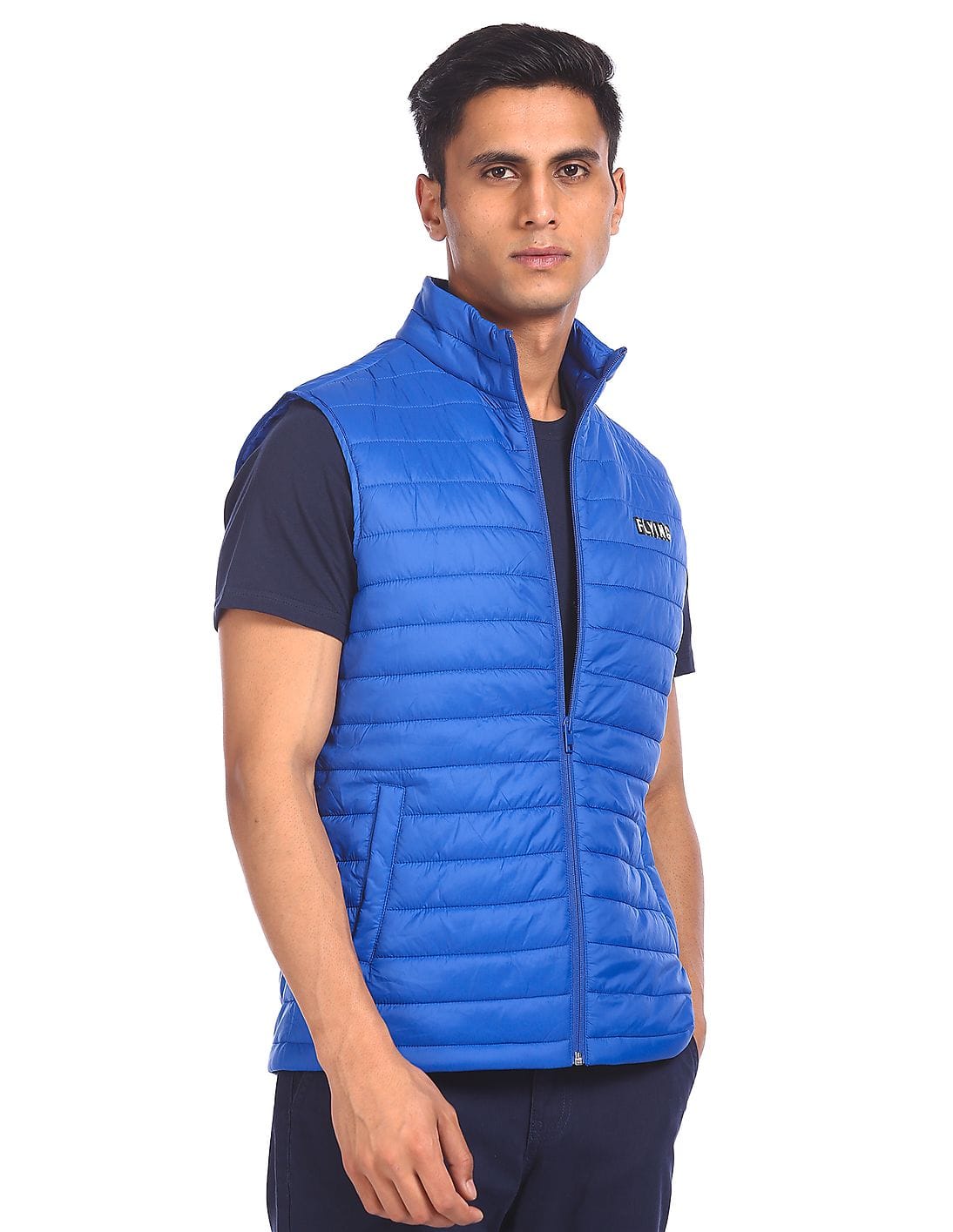 Buy Flying Machine Men Blue High Neck Sleeveless Quilted Jacket