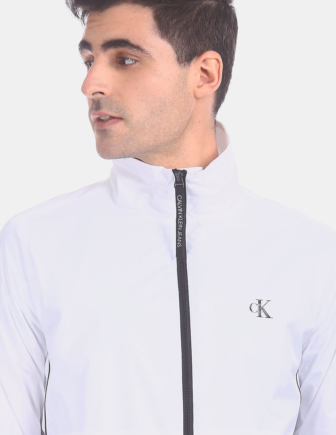 Buy Calvin Klein Men White Harrington High Neck Zip Up Jacket