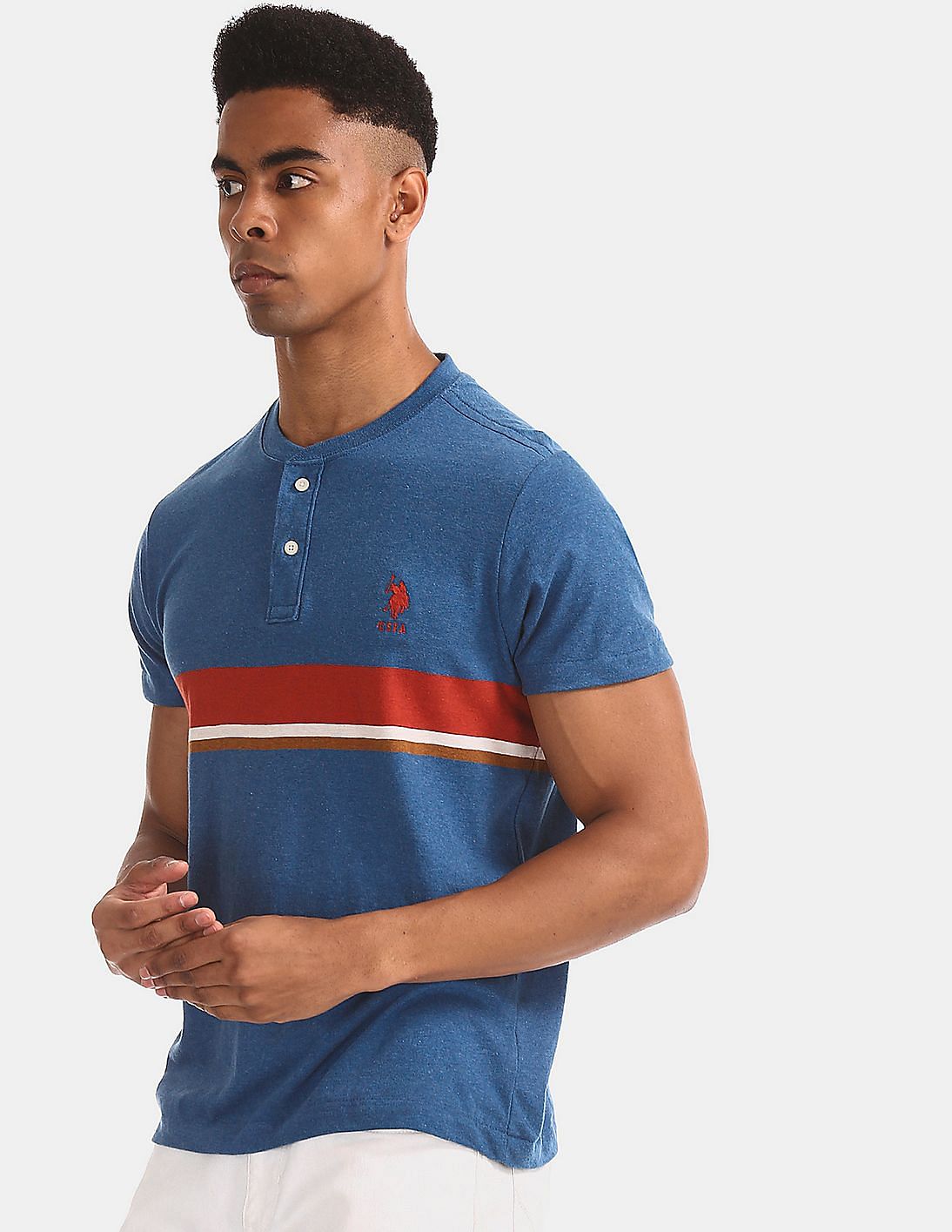 Buy Men Blue Slim Fit Chest Stripe Henley T-Shirt online at NNNOW.com