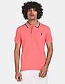 U.S. Polo Assn. Men Pink Tipped Collar Cotton Solid Pique Polo Shirt